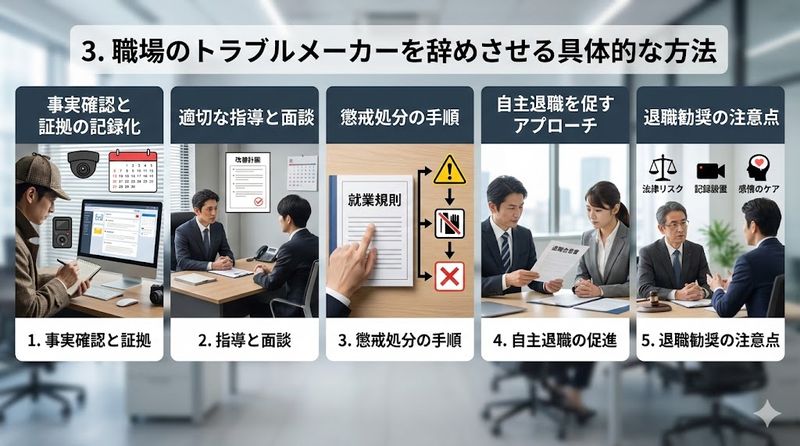 3.職場のトラブルメーカーを辞めさせる具体的な方法